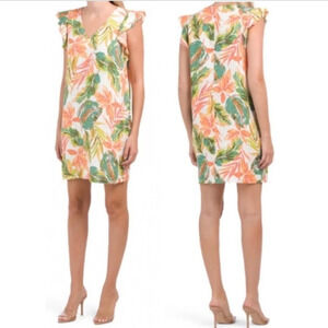 Nicole Miller women’s Floral linen dress Green Orange Size small Flutter sleeve​